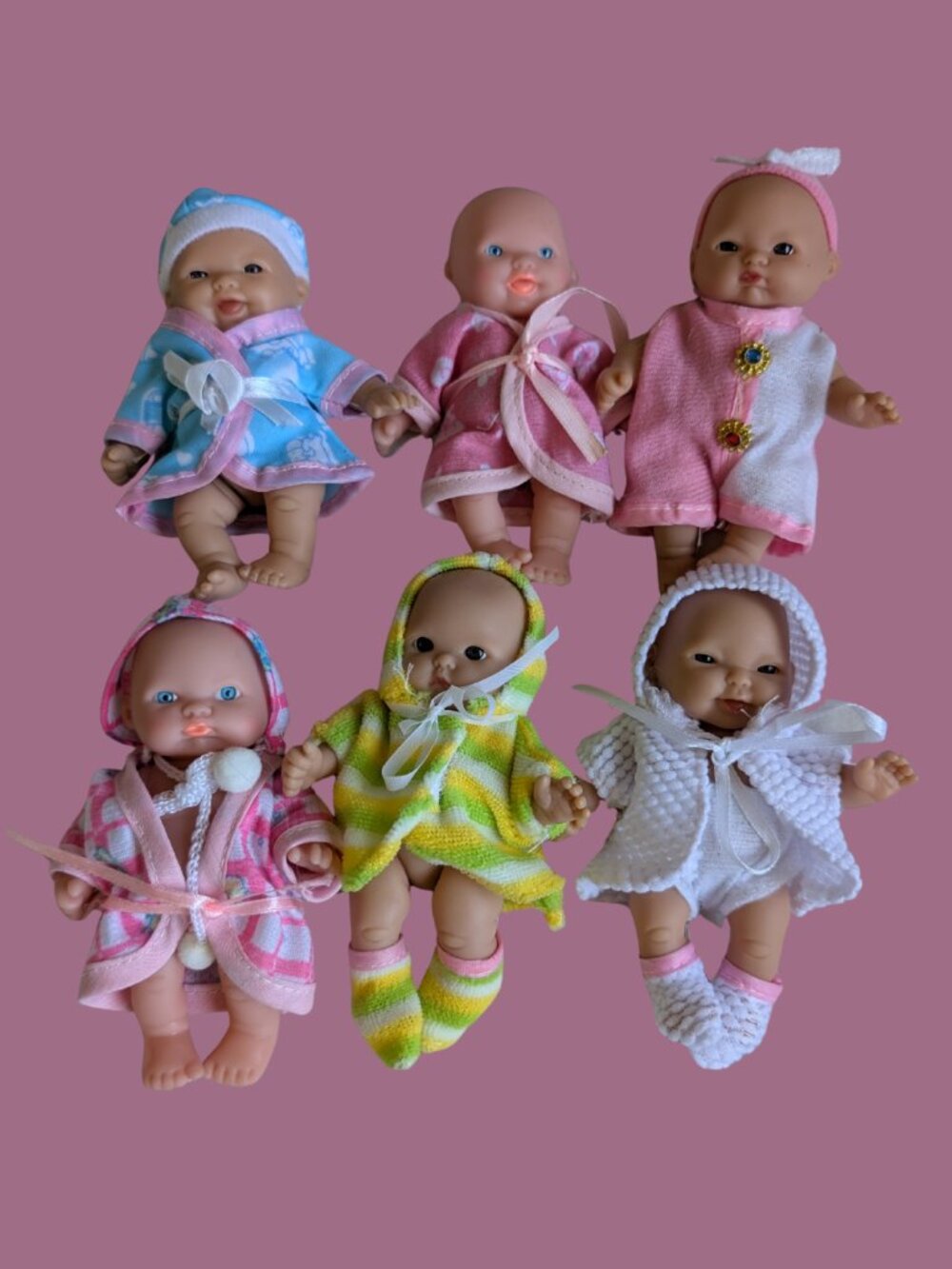 Lot of 6 Mini Baby Dolls with Clothes & Bathrobes Expression Face 4"